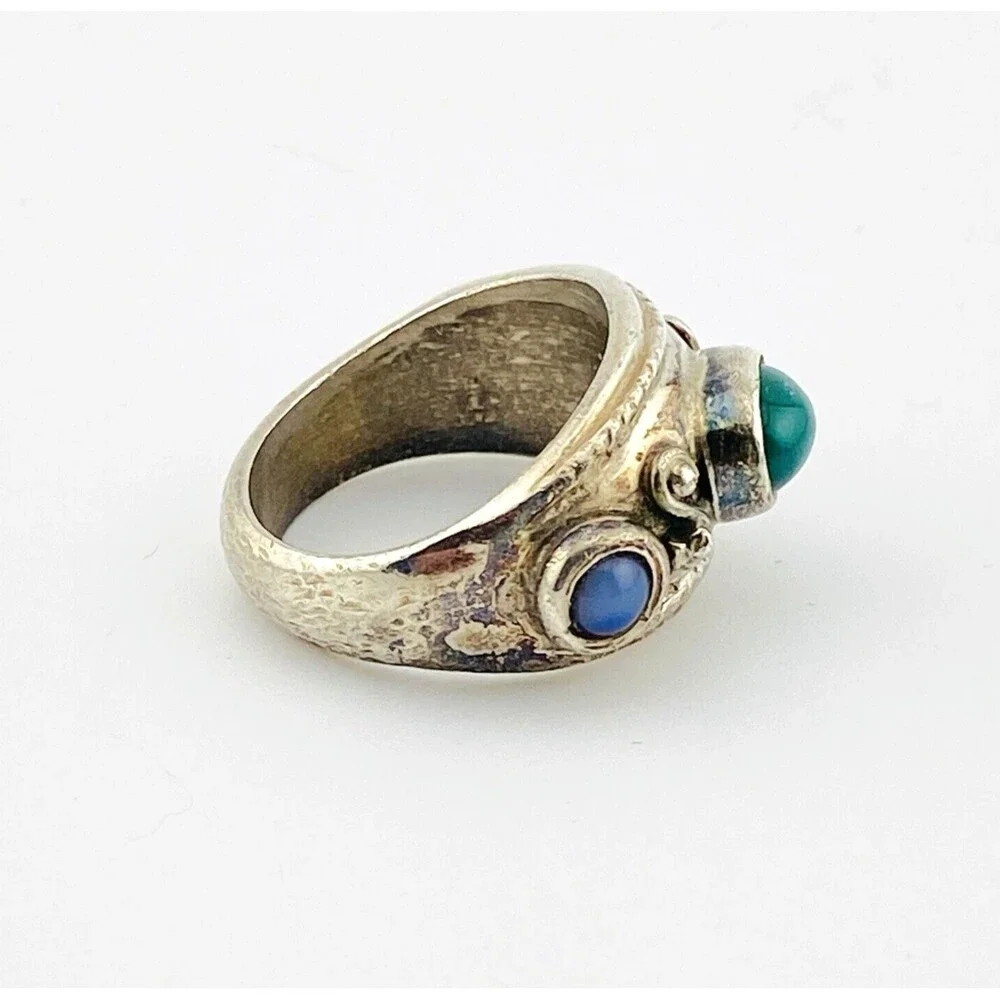 Blue and Green Onyx Sterling Silver Band Ring Size 7.5 Mexican Made Heavy  14 Gr